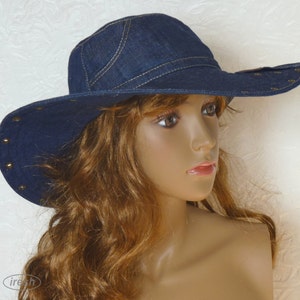 Summer women's hat, Denim hat, Dark blue denim, Wide-brim hat, Denim clothing, Blue hat image 2