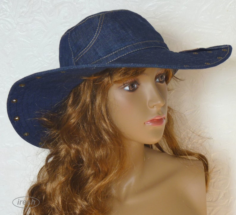 Summer women's hat, Denim hat, Dark blue denim, Wide-brim hat, Denim clothing, Blue hat image 2