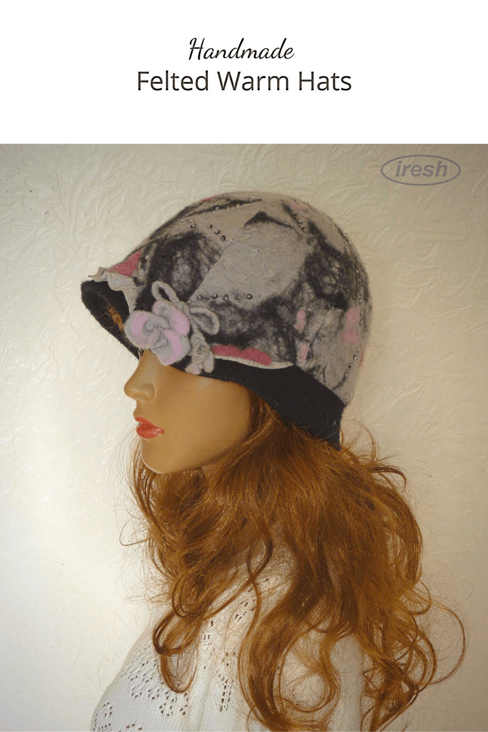 Black Winter Hat, Warm Hat Cloche, Gray Felted Hat, Woolen Black Hat