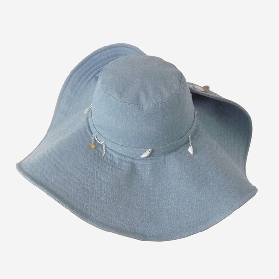 Denim Blue Wide-Brimmed Sun Hat Elegant Summer Accessory Light Blue Denim Wide Brim Summer Hat Adorned With Seashells  main image 4