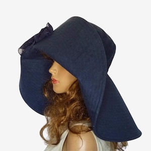 Wide Brim Hat, Blue Summer Hat, Women&#39;s Linen Beach Hat, Navy Summer Hat, Very wide brims