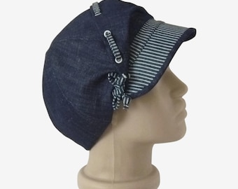 Dark Denim Newsboy Cap, Women Blue Summer Hat Striped Visor