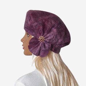 Burgundy Felted Beret - Warm Wool Hat for Women - Draped Merino Wool Beret hat