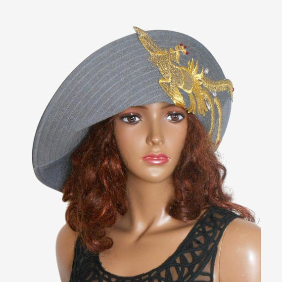 Black and Gray Beach Linen Hat With Phoenix Bird Accent - Etsy display picture 3