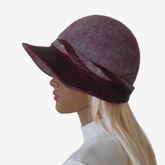 Leather Felted Hat Womens Burgundy Hat Pink Wool Hat Womens Winter Hats Etsy