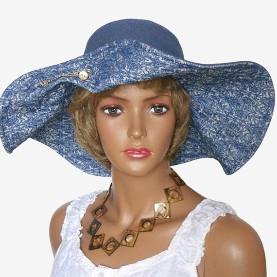 Blue Denim Wide Brim Hat for Women, Elegant Summer Hat - Etsy display picture 3