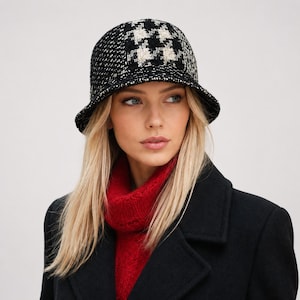 Black White Wool Bucket Hat, Women’s Patchwork  Winter Hat with Houndstooth