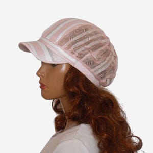 Women Linen Newsboy Cap, Pink White Striped Hat, Summer Lightweight Cap, Breathable Draped Hat