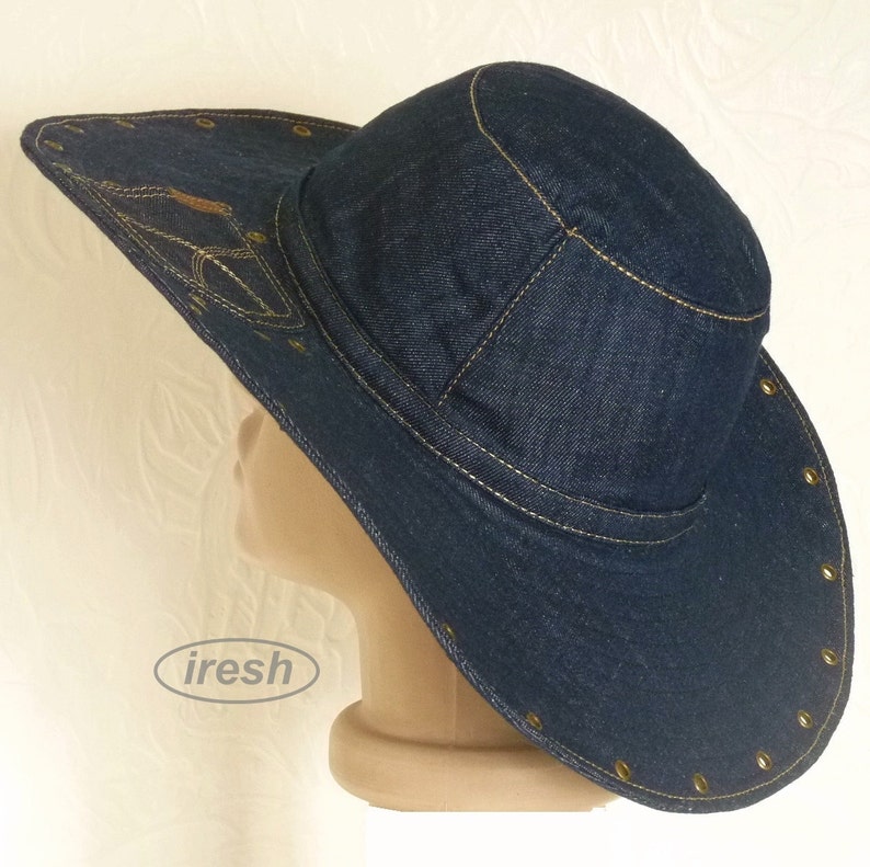 Summer women's hat, Denim hat, Dark blue denim, Wide-brim hat, Denim clothing, Blue hat image 5