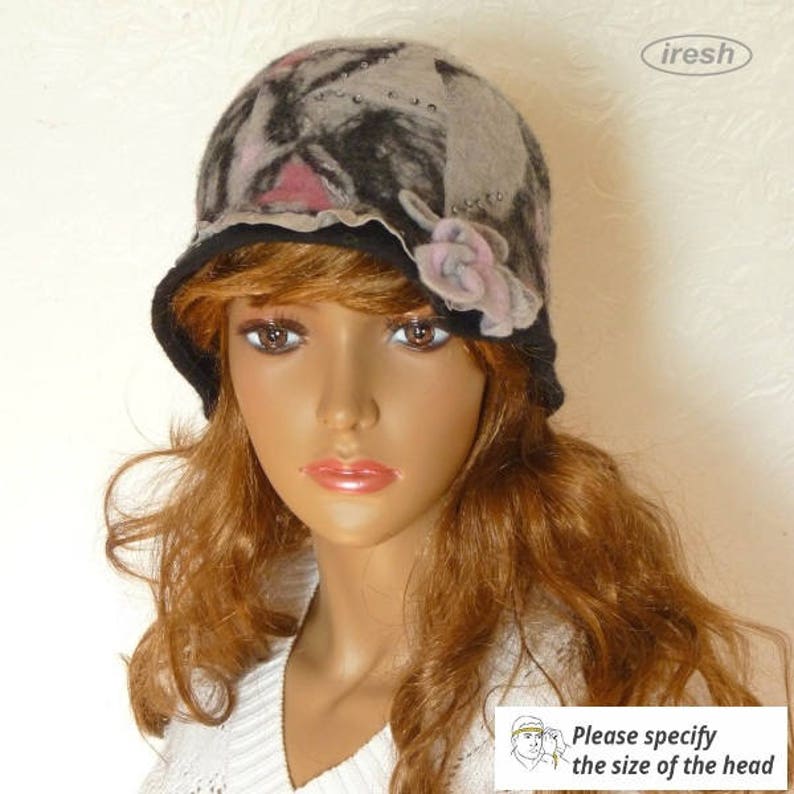 Black Winter Hat Warm Hat Cloche Gray Felted Hat Woolen Etsy