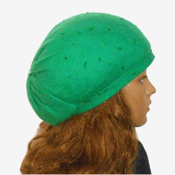 Women Green Felt Beret, Beaded Wool Hat With Back Knot - Etsy display picture 3