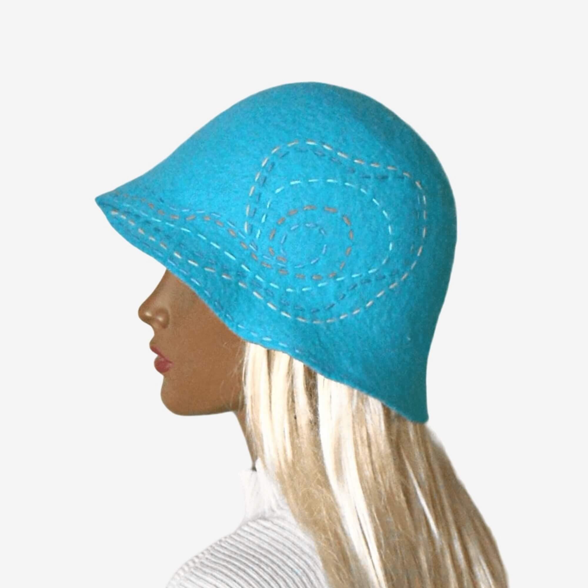 I. Magnin Bejeweled Turquoise Wool Felt Cloche Hat Button Sidewinder Cloche main image 3