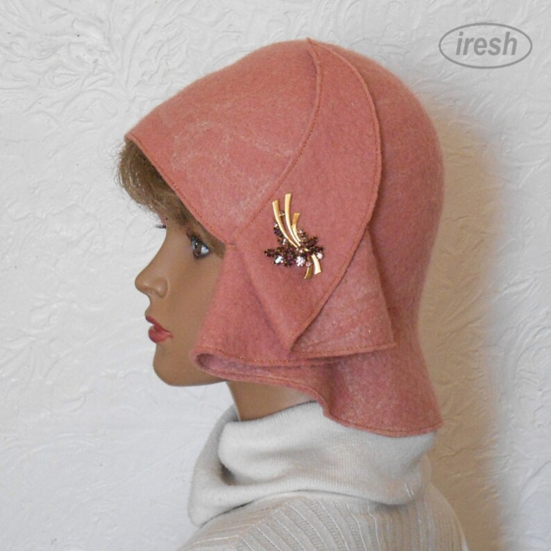 Pink Warm Hat, Cloche Hat, Women's Winter Hat, Pink Wool Hat, Winter