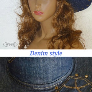 Summer women's hat, Denim hat, Dark blue denim, Wide-brim hat, Denim clothing, Blue hat image 6