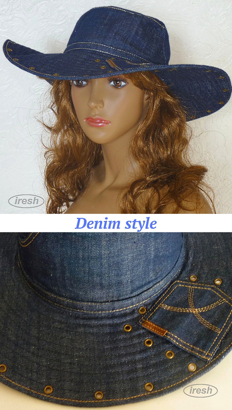 Summer women's hat, Denim hat, Dark blue denim, Wide-brim hat, Denim clothing, Blue hat image 6