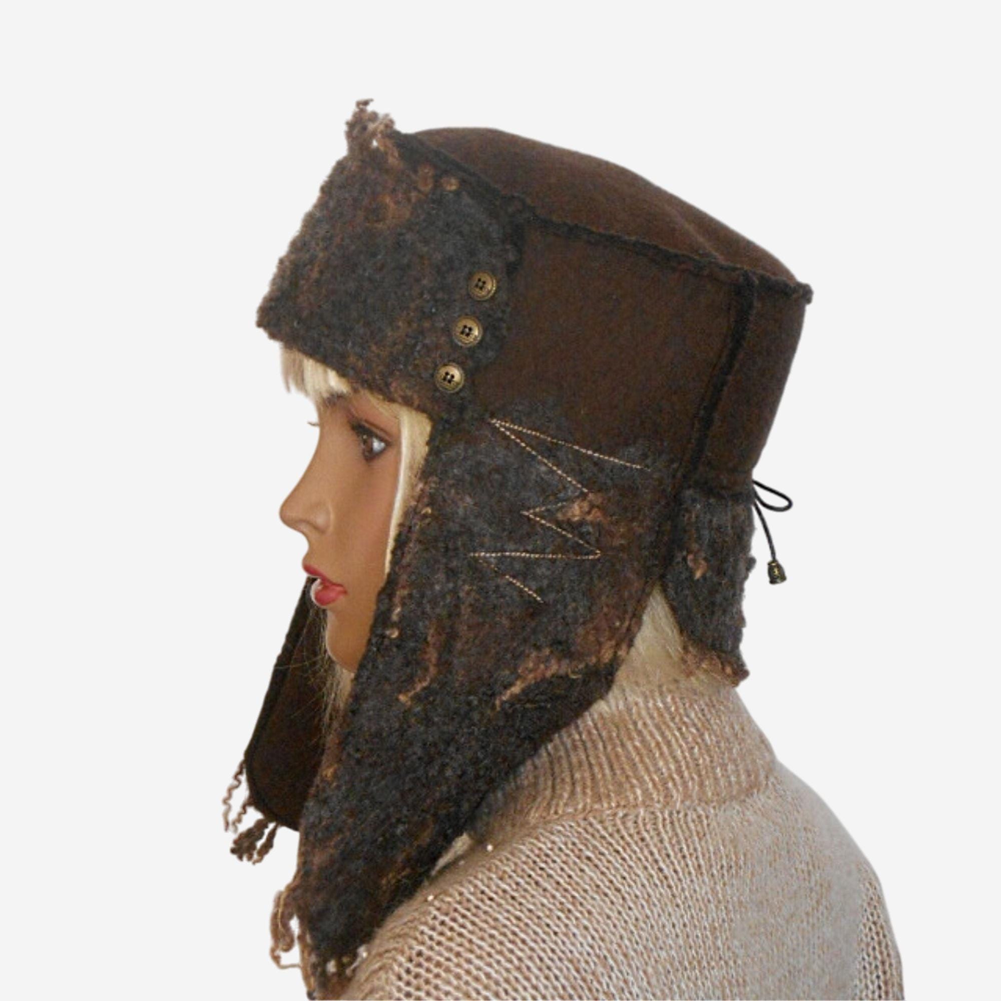 Brown Ear Flap Hat, Cozy Winter Felt Hat, Merino Wool  display picture 1