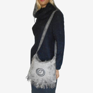 Gray Boho Fringe Women Shoulder Bag - Felted Wool Rustic Style Handbag