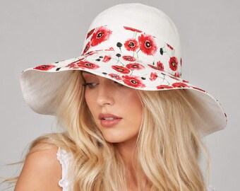 Women's Lightweight Cotton Sun Hat with Red & White Floral Pattern, Breathable Summer Hat