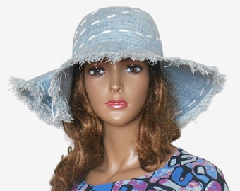 Cappello da sole blu a tesa larga in lino da donna, cappello estivo da spiaggia con frange, stile boho