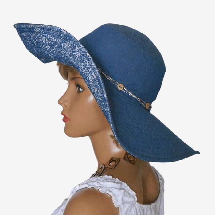 Denim Blue Wide-Brimmed Sun Hat Elegant Summer Accessory Light Blue Denim Wide Brim Summer Hat Adorned With Seashells  main image 3
