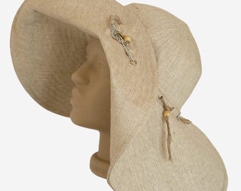 Beige Natural Linen Wide Brim Sun Hat for Women, Summer Beach Vacation Hat, Eco Friendly Travel Hat