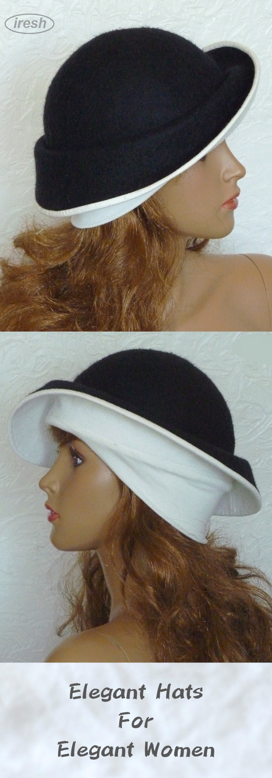 Black Hat Women's Felted Hat White Winter Hat Warm Etsy