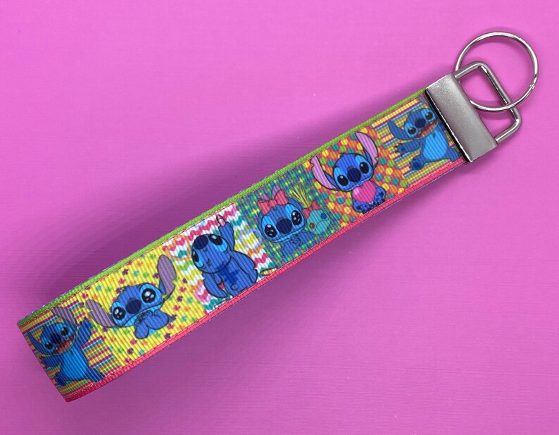 Disney Inspired Stitch Wristlet Keychain Lined in Blue with Silver Fob and Choice of Round or Mickey Key Ring