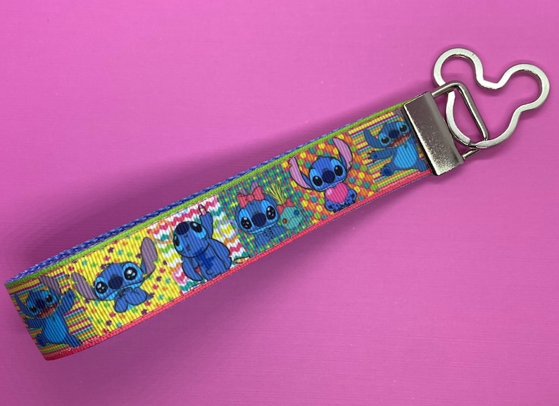 Disney Inspired Stitch Wristlet Keychain Lined in Blue with Silver Fob and Choice of Round or Mickey Key Ring