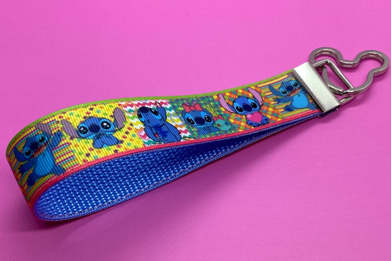 Disney Inspired Stitch Wristlet Keychain Lined in Blue with Silver Fob and Choice of Round or Mickey Key Ring
