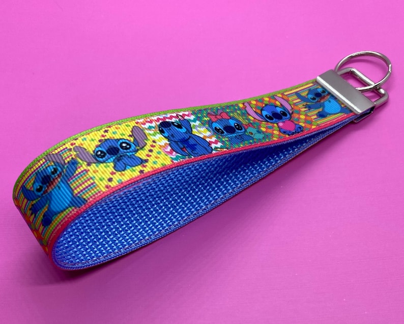 Disney Inspired Stitch Wristlet Keychain Lined in Blue with Silver Fob and Choice of Round or Mickey Key Ring