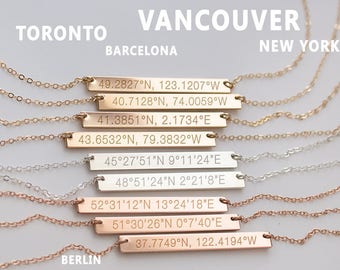 Coordinates Necklace, Coordinate Bar Necklace, Latitude Longitude, GPS Geograpic Location, Geo Jewelry, Silver Gold Rose • NBH40x41