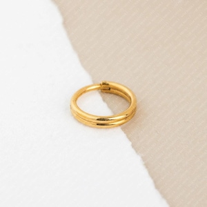 May include: A gold-coloured, double-banded ring. The ring is circular and appears to be made of metal. The bands are smooth and sit side-by-side. The ring is on a white and beige background.