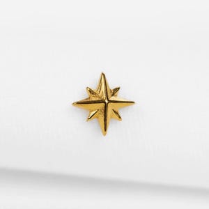 May include: A gold-coloured, eight-pointed star-shaped stud earring. The star has a textured surface and is set against a white background. This jewellery item is suitable for everyday wear.