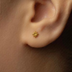 May include: A small, gold stud earring in the shape of a sunburst. The earring is worn on an ear, and the design features multiple rays emanating from a central point. The earring is a small, delicate piece of jewellery.