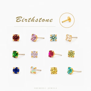 May include: A selection of gold stud earrings, each featuring a different coloured gemstone. The earrings are displayed in a grid, highlighting various birthstone choices. The word "Birthstone" is written in a decorative font above the earrings.