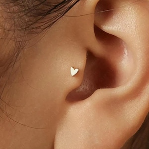 Peut inclure: Gros plan sur une boucle d'oreille en forme de cœur de couleur or. La boucle d'oreille est placée sur le cartilage de l'oreille. Elle présente une surface lisse et polie, avec un design simple. L'arrière-plan est la peau de l'oreille.