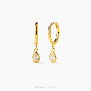 Teardrop Gem Dangle Hoop, Huggies Earring, Minimalist Style, C-SH675