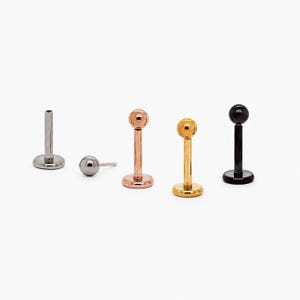 May include: A selection of lip piercing studs in silver, rose gold, gold, and black. Each stud has a small ball at the top and a flat base. The image shows the studs against a white background.