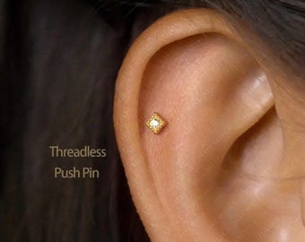 Square Stone Stud, Threadless Flat Back Earring, Minimalist Style, C-SS556