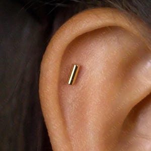 Peut inclure: Gros plan sur une boucle d'oreille cylindrique dorée. La boucle d'oreille est une petite barre droite, placée sur le fond de l'oreille d'une personne. L'oreille est de couleur claire.