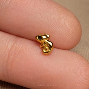 May include: A small, gold-coloured chameleon charm. The charm is highly detailed, with a curled tail and a small eye. The charm is held between two fingers. The text "SHEMISLI JEWELS" is at the bottom of the image.