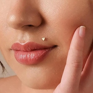 Peut inclure: Gros plan sur un visage avec un petit piercing en forme de cœur doré sur la lèvre inférieure. Les lèvres sont d'un rose naturel et la peau a une texture lisse. Le piercing est situé sur la lèvre inférieure.