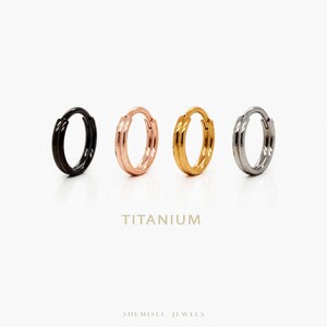 Peut inclure: Quatre boucles d'oreilles créoles en titane noir, or rose, or et argent. Le mot "TITANIUM" est imprimé au centre de l'image. Les boucles d'oreilles sont présentées sur fond blanc.