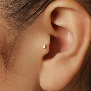 May include: A close-up shot of a gold teardrop-shaped earring stud. The small earring is positioned on the ear's cartilage. The skin around the ear is light-toned, with visible texture and subtle shadows.