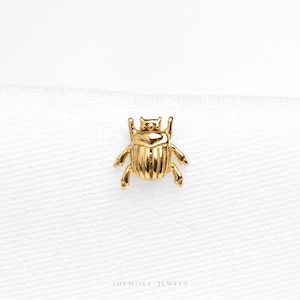 Peut inclure: Un pendentif scarabée doré. Le scarabée présente des ailes et des pattes détaillées, sur fond blanc. Le bijou est de Shemisli Jewels.