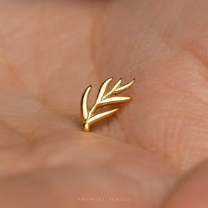 May include: A small gold-coloured stud earring shaped like a delicate leafy branch with a smooth, polished finish. The piece features a central stem with several pointed, curved leaves extending from the sides. The text SHEMISEI JEWELS is visible.