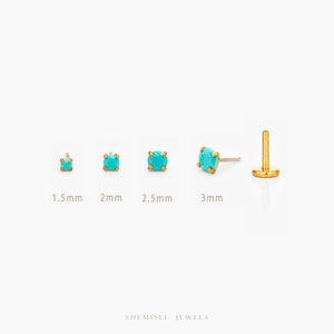 May include: Gold-coloured stud earrings with turquoise stones, in sizes 1.5mm, 2mm, 2.5mm, and 3mm. The earrings are presented against a white backdrop, highlighting their design and size differences. The brand name is at the bottom.