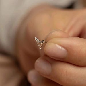 May include: A small silver-toned stud earring shaped like a hummingbird in flight. The metal bird features detailed wing engravings and a pointed beak, presented as a delicate piece of jewellery with a polished finish and a secure post backing.