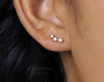 Triple White Climber Stud, Butterfly End or Screw Ball End Earring, Minimalist Style, C-SS125 SS489