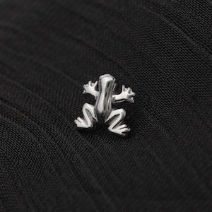 May include: A small, polished silver-toned metal frog pin featuring a smooth, reflective surface and detailed limbs. The frog is depicted in a flat, spread-out position with its head pointing upward, showcasing a clean and simple metallic design.
